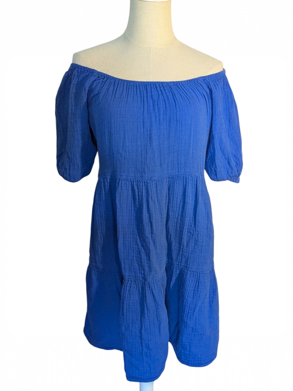 Old Navy 100% Cotton Off-the-Shoulder Blue Tiered Dress Small